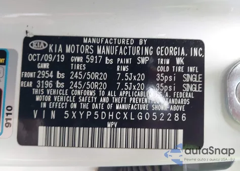 2020 Kia Telluride Sx z USA, uszkodzony, nr VIN 5XYP5DHCXLG052286